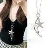 Collar Retro de Estrella de Mar para Chica Hot Cadena Larga para Suéter Estilo Vacacional Collar Plateado Escarchado Estilo Marino Colgante de Estrella