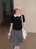 Top de tricô de manga curta estilo college coreano com bordado de cachorro e gola polo para mulheres, gola boneca de verão, ombro normal, preto