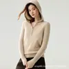 Estilo Outono e Inverno Kanserini 100% Caxemira Versátil Cor Sólida Slim Fit Mangas Listradas Camada Base Com Capuz Meio Zíper Malha