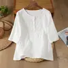 Camiseta Redonda Elegante de Verão Nova, Modelagem Solta Emagrecedora para Mulheres, Top Artístico de Algodão e Linho Bordado em Cor Sólida