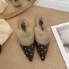 Zapatos de Felpa y Piel Estilo Francés para Mujer, Tendencia de Internet, Peludos, sin Cordones, Punta Cerrada, Zapatos de Moda, Pantuflas de Algodón para Exteriores Otoño/Invierno