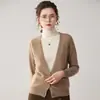 Cardigan de Cashmere com Gola Alta Feminino Cor Sólida Cashmere Falso Duas Peças Suéter Pulôver Manga Longa Malha Solta Camada Base