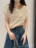 Suéter de Punto de Solapa Casual Elegante de Estilo Coreano Nuevo de Verano 2024 a Rayas en Contraste de Color Suelto de Manga Corta Top Combinable para Mujer