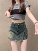 Tendência europeia e americana 2024 nova saia jeans calças saia feminina design irregular bolso grande menina gostosa saia curta