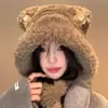 Gorro de tricô para outono e inverno, estilo gato, com abas para as orelhas, forro de pelúcia, espessado para aquecimento, design fofo de desenho animado, faz o rosto parecer menor
