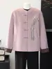 Novo cardigã de lã feminino estilo chinês para o outono, com design retrô e lantejoulas, disponível em tamanhos grandes para mulheres de meia-idade e idosas.