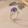 Anillo Retro de Plata de Ley S925 Yilu con Cristal de Dragón Morado Estilo Nuevo Chino Hoja de Ginkgo Ovalado Abierto para Mujer