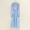 Elegante Vestido Largo de Mujer 2026 Verano Nuevo Color Sólido Ceñido a la Cintura Cuello Alto Manga Larga Acampanado de Gasa