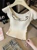 Camiseta feminina Pure Desire com acabamento em orelha e manga curta, design de verão, laço Sense, Sweet Spice Girl, corte slim, cintura alta, top curto