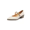 Zapatos Mary Jane de piel de vaca de capa superior para mujer, zapatos de tacón grueso de una sola pieza, otoño de cuero genuino con cadena metálica, zapatos de tacón medio de punta fina poco profundos de una sola pieza