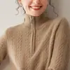 Novo suéter de cashmere outono e inverno para mulheres, gola alta com zíper parcial, suéter base de malha trançada grossa solta, top, tricô