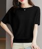 Top de punto de seda helada sin hombros, camiseta de manga corta para mujer, verano 2025, nuevo, simple, elegante, estilo murciélago