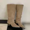 Primer Encuentro Botas de Gamuza Puntiagudas Plisadas Apiladas para Mujer 2026 Otoño/Invierno Nueva Llegada Usables de Dos Maneras Desmontables Tacón Fino Hasta la Rodilla