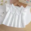 Camisas para Niñas, Nuevo Estilo de Verano, Cuello Peter Pan con Adorno de Encaje para Niños, Tops con Mangas Cortas Volantes, Elegantes Camisas Blancas para Bebés