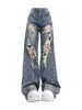 Jeans Rotos de Diseño de Calle de Alto Estilo Americano para Mujer Verano Nuevo Retro Cintura Alta Rectos Sueltos Adelgazantes Pantalones de Pierna Ancha
