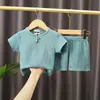 Conjunto de Shorts de Manga Corta de Algodón y Lino de Verano para Niños, Bebé, Color Puro, Doble Capa de Gasa de Algodón, Estilo Chino, Traje Holgado de Dos Piezas