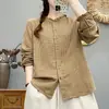 Camisa de Manga Larga de Gasa de Algodón de Doble Capa a Cuadros con Adorno de Encaje, Nueva para Primavera/Otoño 2026, Top Versátil para Mujer como Capa Base