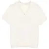 Fabricante atacadista em estoque: Nova camiseta de tricô feminina, gola V, vazada, moderna e estilosa, Polo de manga curta para mulheres