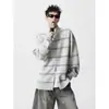 Cárdigan de punto, suéter moderno para hombre, patrón jacquard retro, corte holgado, diseño a rayas, cuello alto, cierre de cremallera frontal, estilo casual y relajado