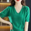 Versátil top de verano para mujer, elegante para ir al trabajo, camiseta de punto de manga corta con cuello en V, adelgazante, ligera, simple, como base, en beige