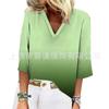 Ropa de Mujer Transfronteriza Sitio Independiente de Amazon Verano Más Vendido Color Degradado Estampado Cuello en V Suéter Camiseta Casual de Manga Tres Cuartos
