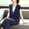 Traje casual de moda para mujer, nuevo estilo verano 2026, moderno, corte holgado, adelgazante, imitación dos piezas, manga corta, pantalón de pierna ancha, conjunto de dos piezas