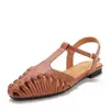 Sandalias planas tejidas de estilo retro francés con punta fina, diseño de tira en T calada y puntera cerrada, zapatos romanos de verano ZK527-3