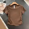 Estilo Novo Primavera e Verão Ajuste Slim Elástico Secagem Rápida Plissado Canelado Curto Fitness Corrida Yoga Camiseta de Manga Curta para Mulheres 11455