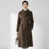 Abrigo largo de lana de alta gama, negro, de doble cara, para otoño e invierno, con cuello envolvente, cinturón de corbata, efecto adelgazante, elegante estilo de lana hasta la rodilla