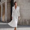 2026 Superventas de Amazon Vestido Blanco Europeo y Americano de Cuello en V Fruncido de Manga Larga Ajustado