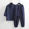 Terno Masculino de Linho Estilo Chinês Manga Sete Quartos Terno Tang Hanfu Verão Yoga Sentar Jaqueta Marido Algodão Linho Conjunto de Duas Peças
