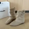 Nova fivela de cinto da moda outono 2026 botas de cano médio com altura interna que aumenta bico redondo para mulheres, emagrecedoras e removíveis