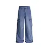 Calça de trabalho francesa azul lavada vintage com design de múltiplos bolsos perna reta larga solta baggy