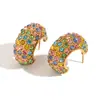 Brincos Europeus e Americanos Modernos Elegantes Populares Aço Inoxidável Banhado a Ouro 18K Colorido Diamante Micro-Incravado Pérolas Cheios de Diamantes Brincos Grossos em Forma de C para Mulheres