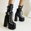 Botas de Tacón Grueso Ultra-Altas de Plataforma, Botas Negras de Charol con Hebilla Cuadrada, Zapatos de Algodón Cálidos con Forro de Felpa, Botas Altas