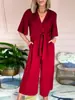 Nova Roupa Feminina de Primavera e Verão Cor Sólida Decote V Amarração Moda Manga Curta Macacão Cruzada Europeia e Americana Amazon