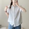 Camisa Branca Feminina de Manga Curta com Gola Crescente Spliced de Verão, Dupla Camada de Gaze de Algodão, Camisa Literária e Fresca, Top Simples e Macio