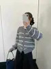 Cárdigan de punto suave para mujer, de estilo coreano, con bloques de color a rayas y cuello redondo, nuevo, casual, ajustado.