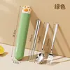 Set de cubiertos portátil de acero inoxidable con cucharas creativas lindas de pata de gato, palillos, tenedores y caja de almacenamiento simple