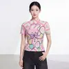 Top plisado de alta calidad Miyake para mujer, estilo fino de verano, cuello alto pequeño, popular en Japón y Corea, camiseta de manga corta con estampado de dibujos animados para mujer