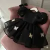 Vestido negro para niña con mangas abullonadas, adornos de perlas, diseño de mariposa tridimensional, falda voluminosa, adecuado para el primer cumpleaños, boda o como dama de honor