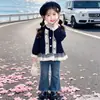 Abrigo suéter de cuadros con lazo y encaje estilo coreano para niñas, nuevo top de moda primavera y otoño 2026 para niñas pequeñas
