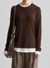 Camiseta de Manga Longa Falsa Duas Peças em Lã Tencel Estilo Miu para Mulheres, Camisa Base Color-blocking, Malha de Caimento Relaxado