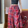 Pantalones de Lino a Cuadros para Mujer, Pierna Ancha, Adelgazantes y Versátiles, Cintura Alta, Caída Suelta, Nueve Puntos, Casual Rectos de Algodón y Lino, Cuadros Rosas