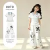 Conjunto de Pantalones Anchos de Manga Corta para Niñas, Nuevo Estilo Elegante y a la Moda para Niños Mayores, Conjunto Casual de Dos Piezas Nuevo de Verano con Lazo