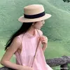 Sombrero de Paja Plano Francés 2025 para Mujer Circunferencia de Cabeza Grande Ala Plana Vacaciones en la Playa junto al Mar Fedora Talla Grande Fedora Tejido