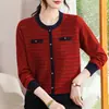 Suéter Pulôver de Manga Longa Estampado Casual para Meia-idade e Idosos Feminino 2026 Outono/Inverno Novo Estilo Roupa de Mãe Camada Base de Tricô Listrado