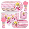 Tema de la Princesa Peach dibujos animados fiesta desechable decoración suministros plato de papel mantel adorno para pastel vajilla