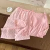 Top com bojo fixo no peito, calça de modal, algodão nuvem, pijama de primavera e outono, roupa de casa casual estilo coreano rosa