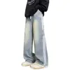 Calça jeans listrada para homens, outono e inverno, estilo novo, forrada com fleece, corte reto solto, calça larga masculina, calça de marca moderna, calça comprida masculina